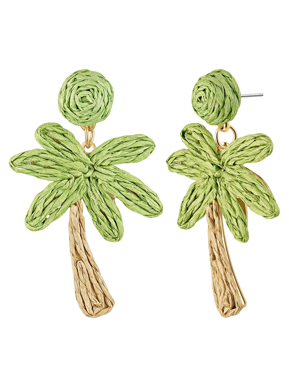 Palm Tree Raffia Drop Earrings in Light Green and Tan